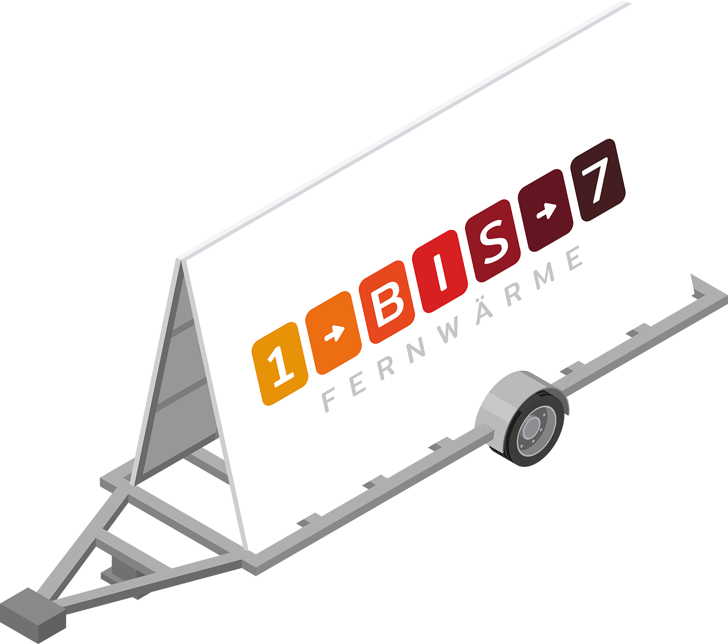 Isometrische Illustration eines mobilen Werbeanhängers. Auf der weißen Werbefläche steht das Logo „1 BIS 7 – Fernwärme“.