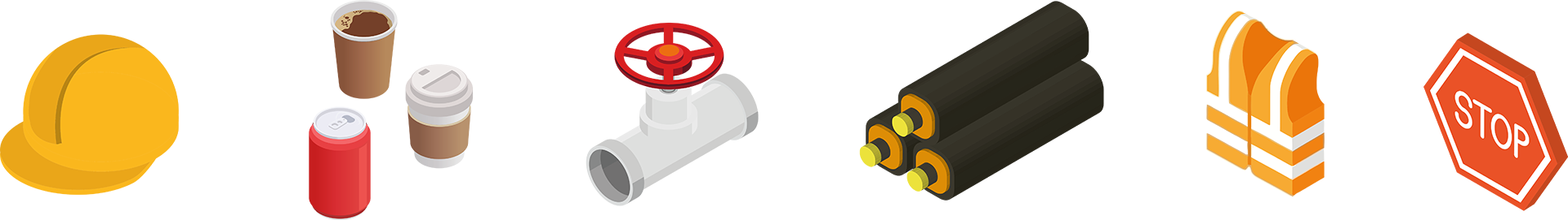Sechs isometrische Illustrationen: ein gelber Bauhelm, Getränkebecher, ein weißes Rohr mit rotem Ventil, drei schwarze Fernwärmerohre mit gelben Enden, eine orange Warnweste und ein achteckiges rotes Stoppschild.